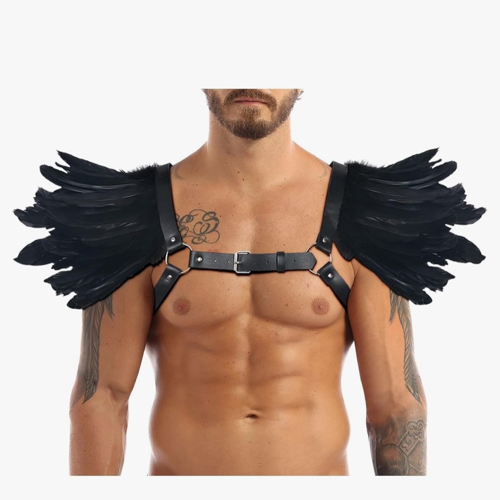 Black Fab feather costume wing harness men women unisex festival rave goth punk